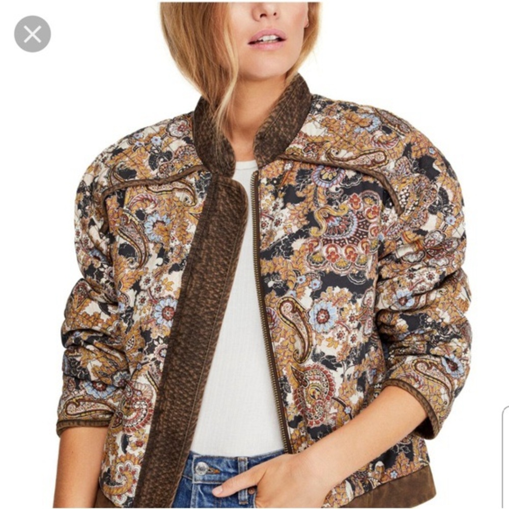 Free People Great Escapes Quilted Floral Paisley Brown Bomber Jacket M